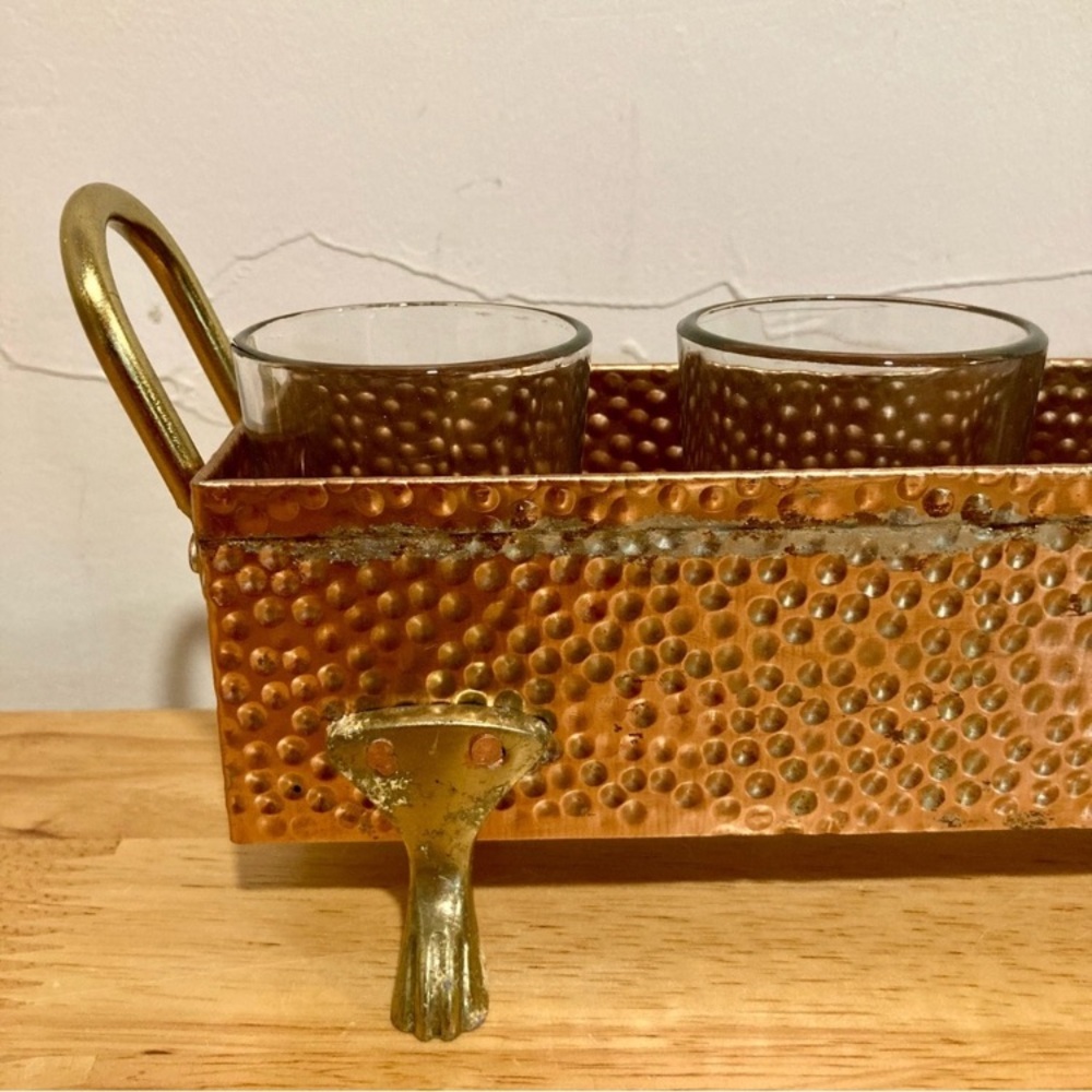 Hammered Metal Footed Container with 5 Glass Votive Holders Used Copper Colored - Picture 2 of 15